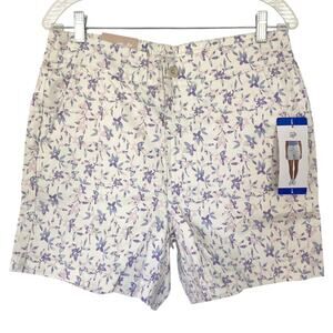 NEW JACHS GIRLFRIEND Stretch Satin Chino Shorts Size Large Floral White 5"